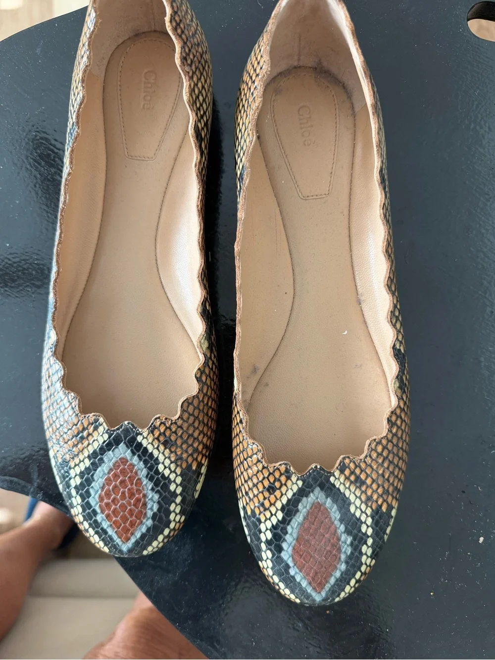 Chloe Yellow and Black Snake-Print Pointed Toe Heels